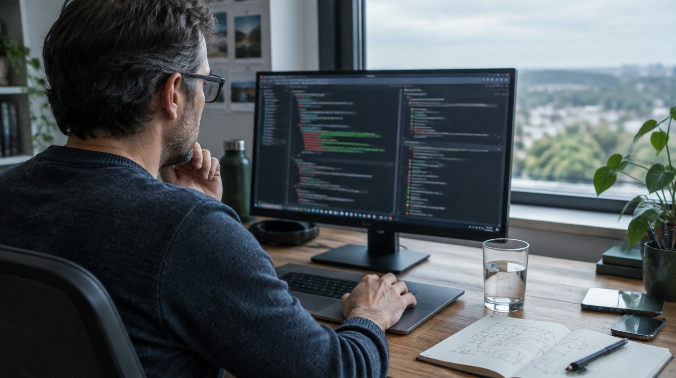 An experienced developer reviewing a code change at a desk by the window