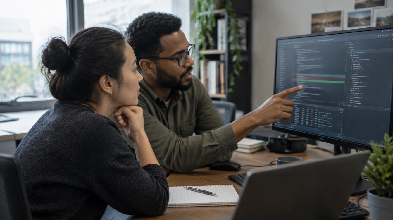 Two software engineers reviewing a code change and test results together