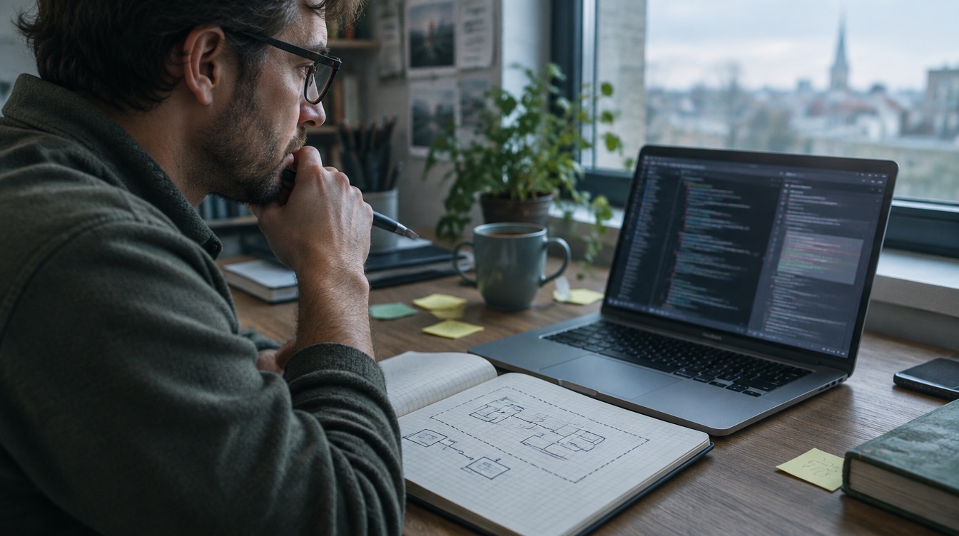An engineer comparing a hand-drawn system diagram with the implementation on a laptop