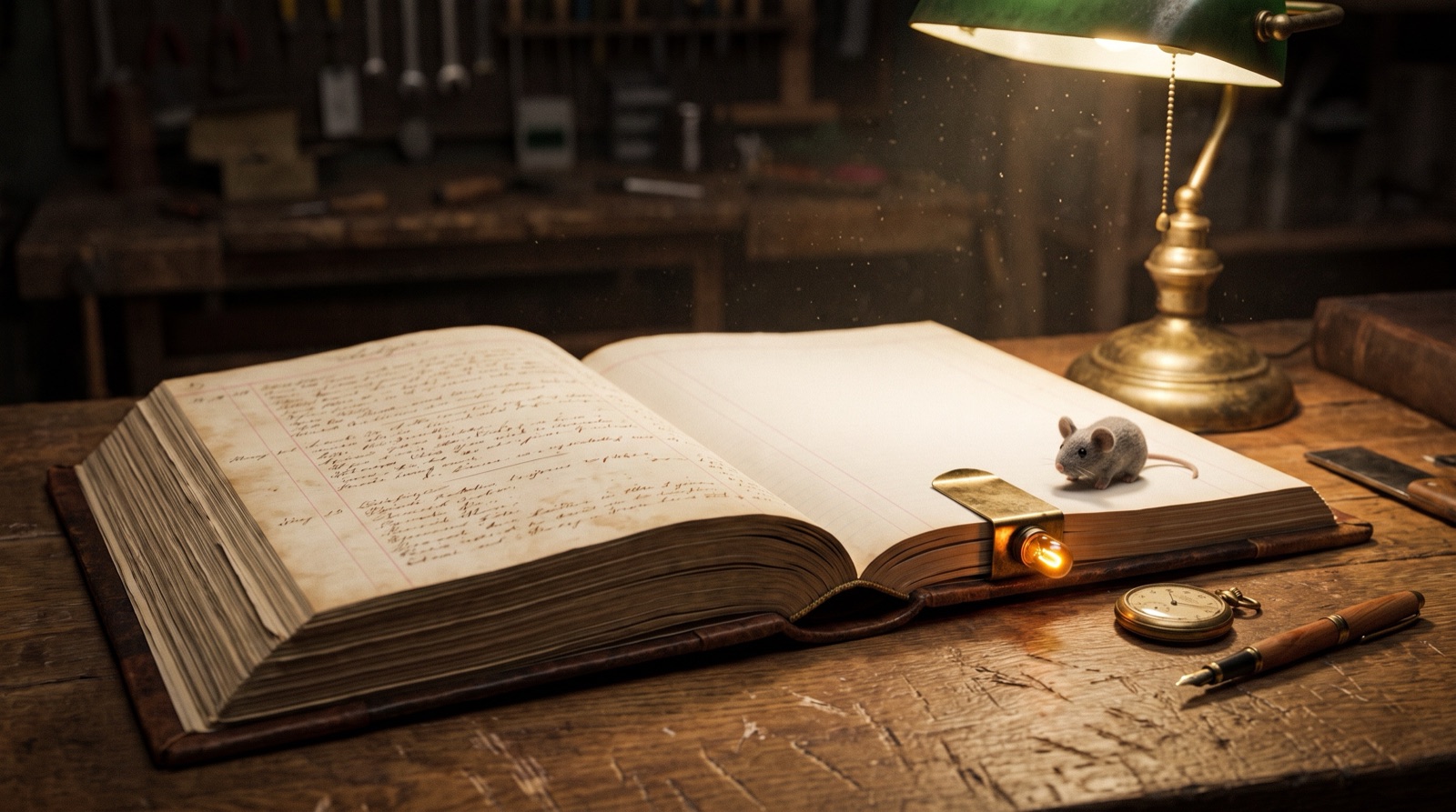 An enormous leather ledger open on a workshop bench, a brass bookmark clip with a small amber lamp clamped two-thirds of the way through; the pages before it dense with faded ink, the pages after it blank