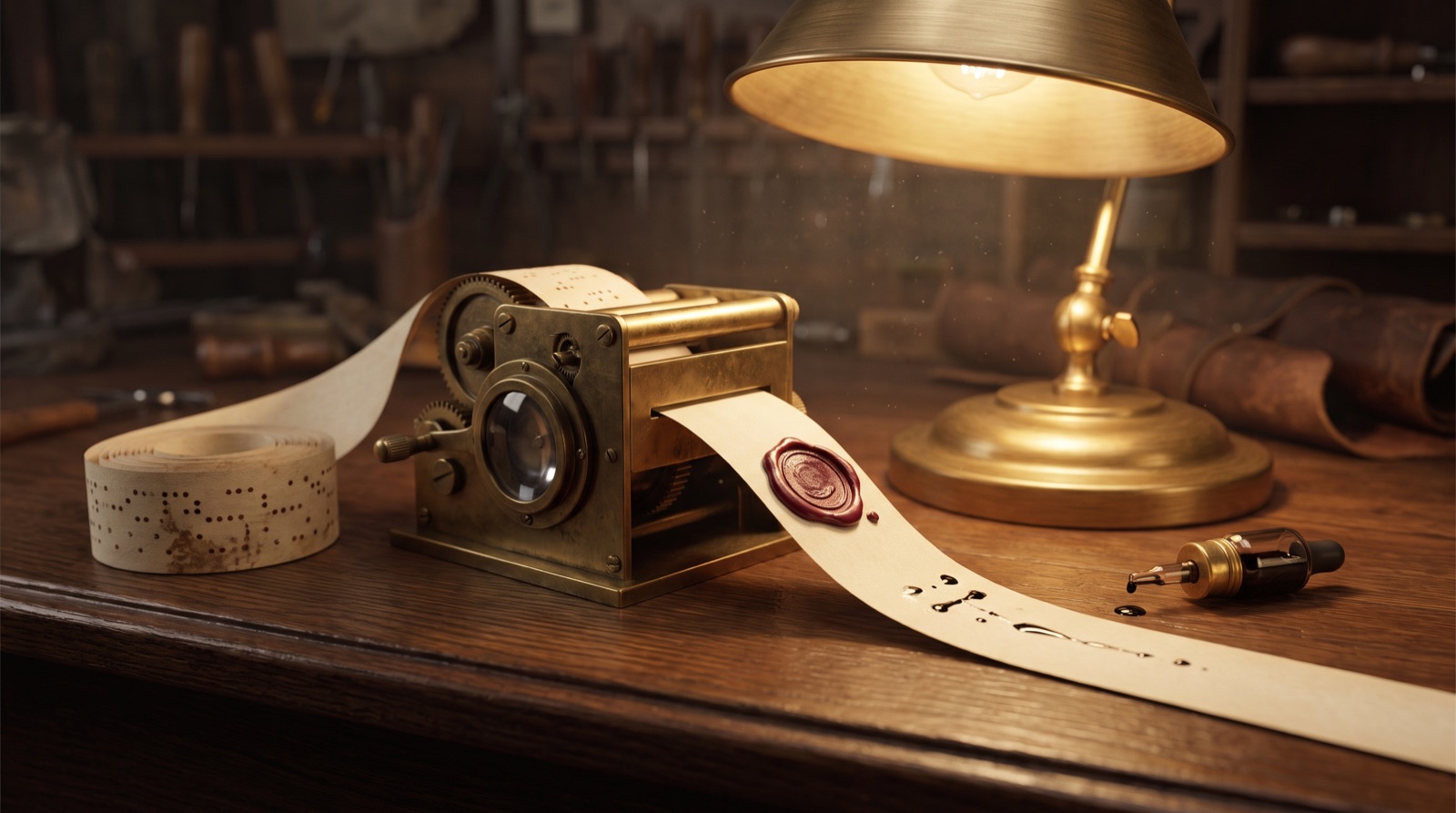 A paper ticker tape running through a brass reader on a workbench; the tape before the mechanism is faded punch-marks, a red wax seal sits where it exits, and after the seal the ink is still wet