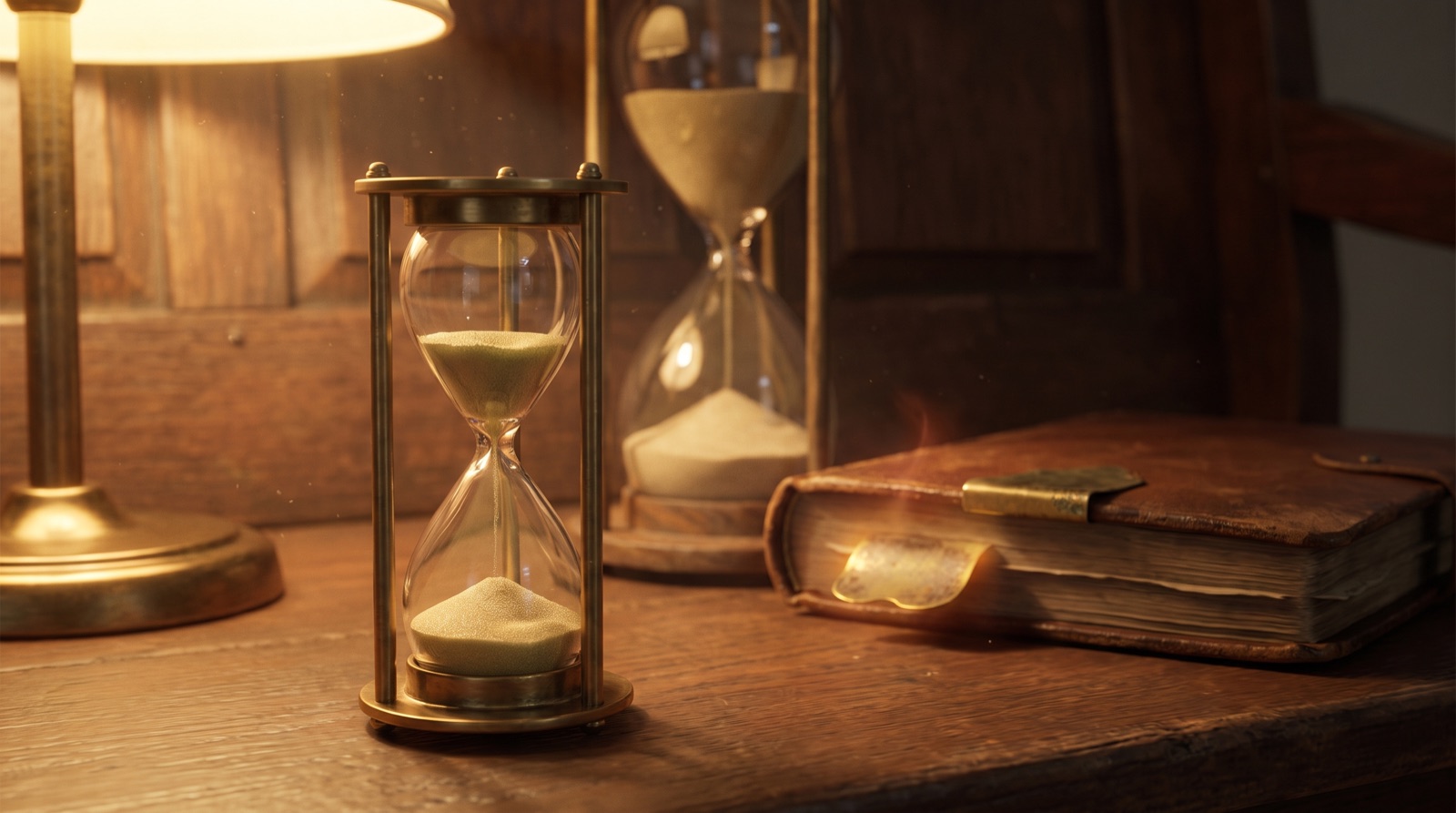 A small brass sand timer nearly run through in the foreground, a taller hourglass behind it, and a closed ledger with a glowing brass bookmark clip beside them