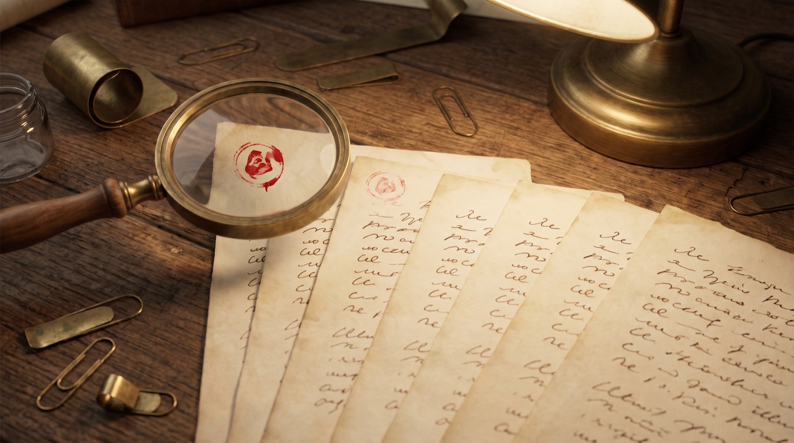 Six near-identical handwritten pages fanned across a bench, a magnifying glass over one corner revealing a fresh red stamp that differs from its neighbour, brass bookmark clips lying loose and useless around them