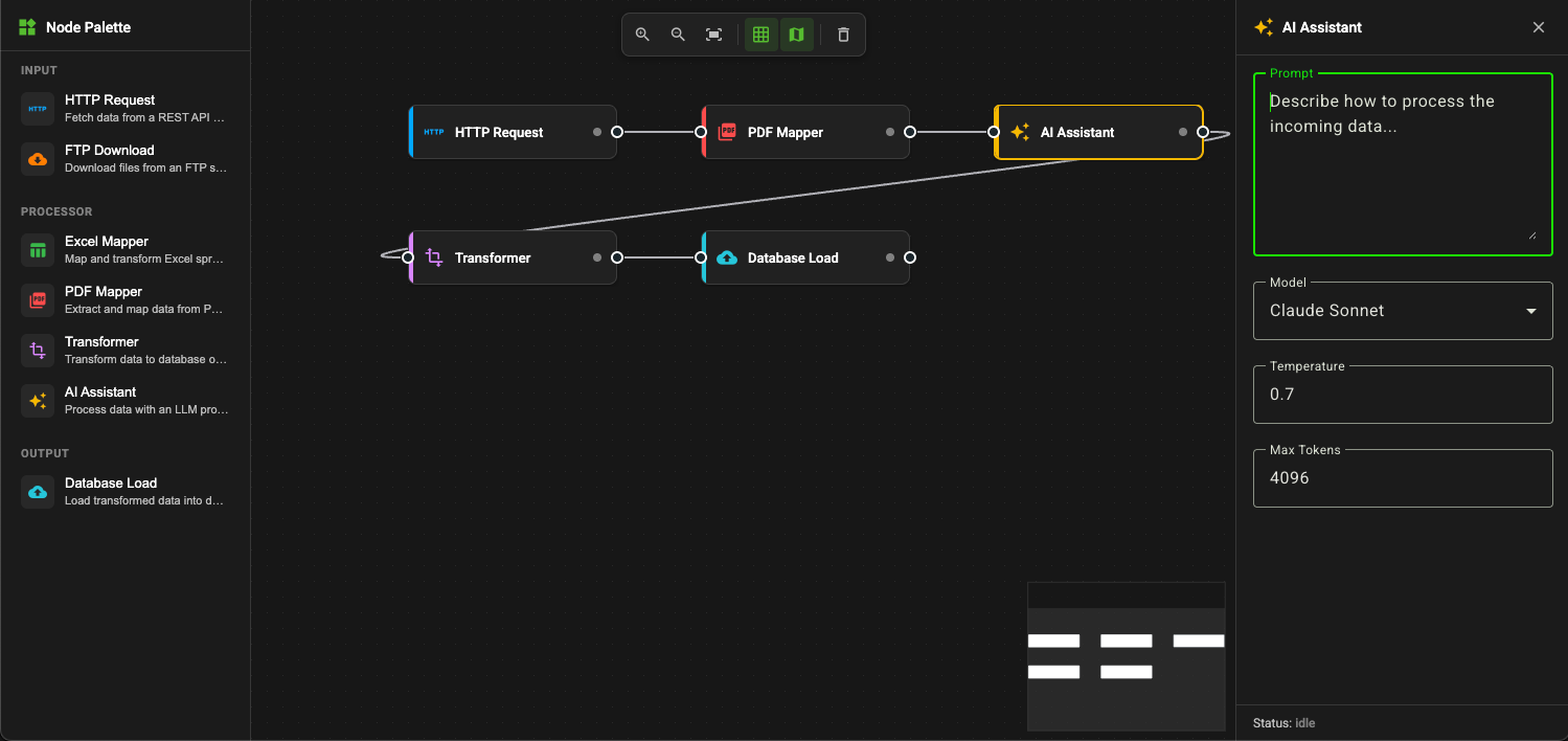 Flow Design Canvas — workflow with properties panel open