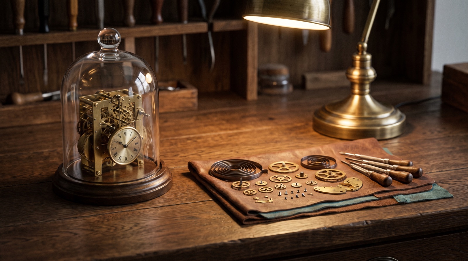 A clockwork mechanism sealed under a bell jar beside the same mechanism taken apart on a cloth