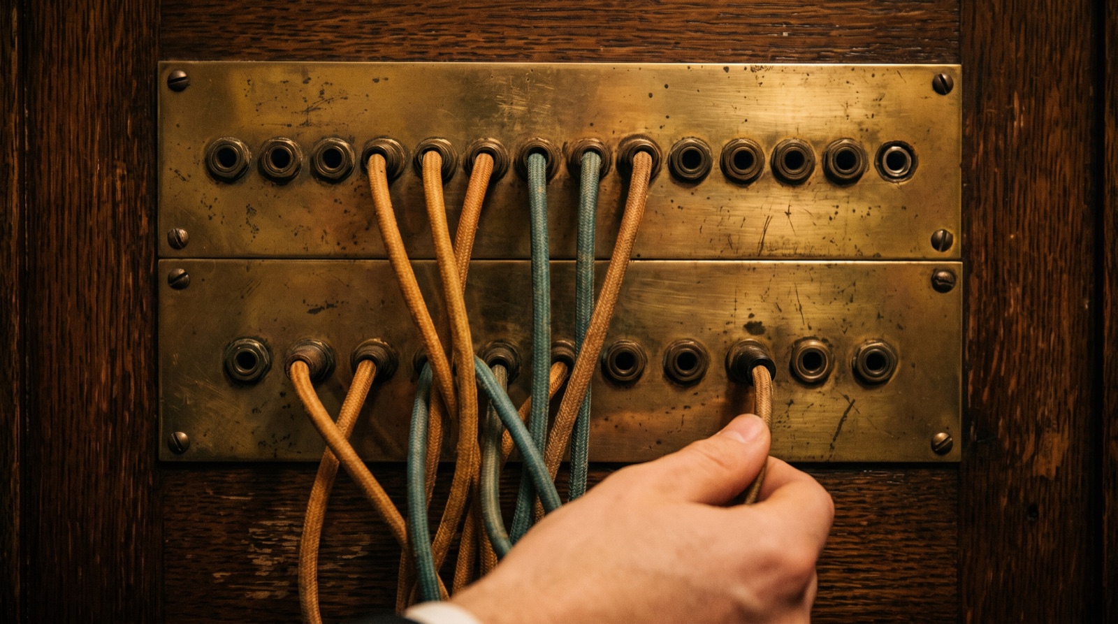 A vintage switchboard with a few patch cables plugged in and one being inserted