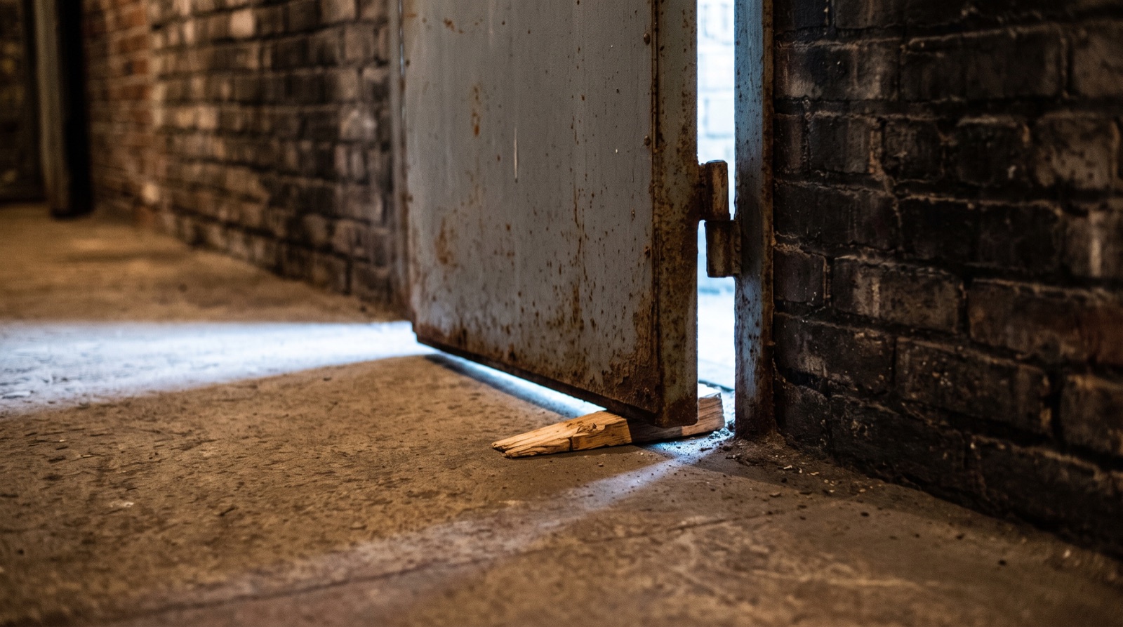 A steel fire door wedged slightly open, daylight coming through the gap