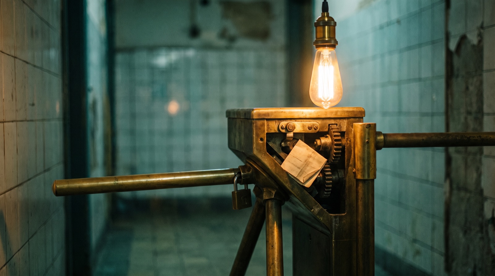 A locked brass turnstile in a tiled corridor with a paper note tucked into the mechanism