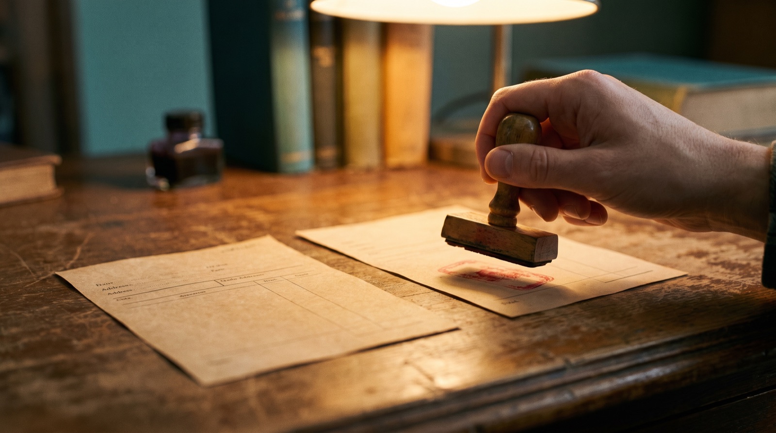 A red rubber stamp coming down on a paper form on a wooden desk