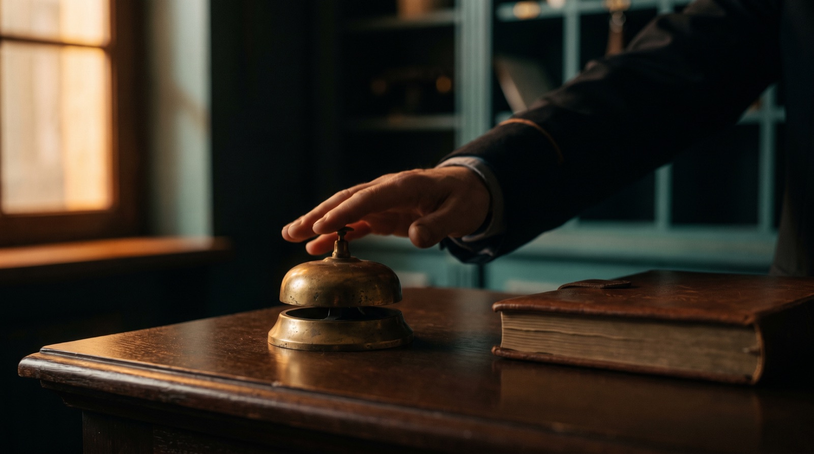 A hand hovering over a brass counter bell on a dark desk