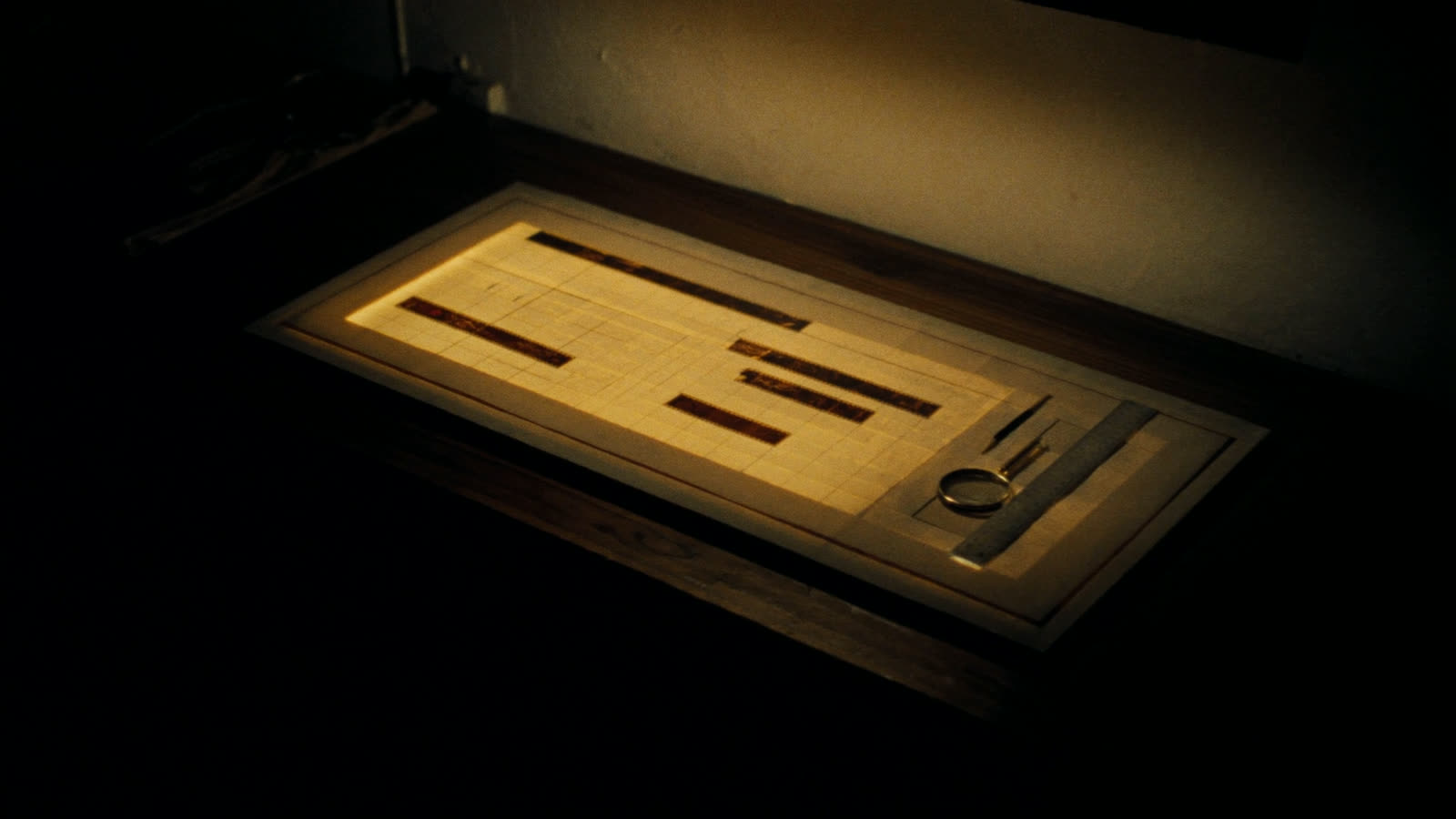 A lightbox with strips of film laid out in a grid