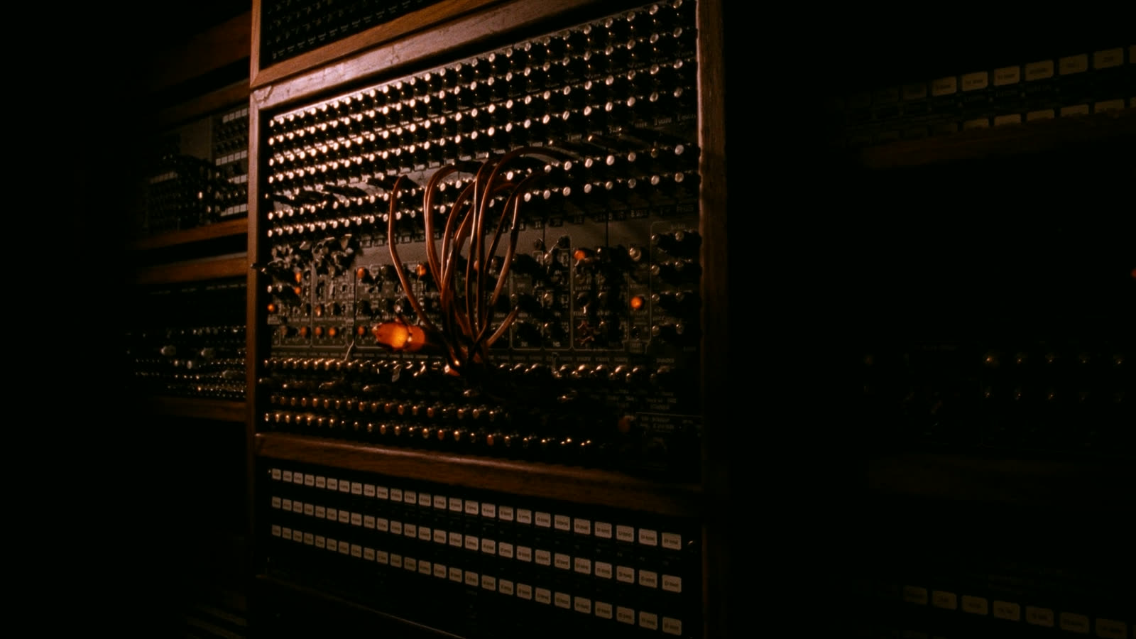 A patch bay with copper cables