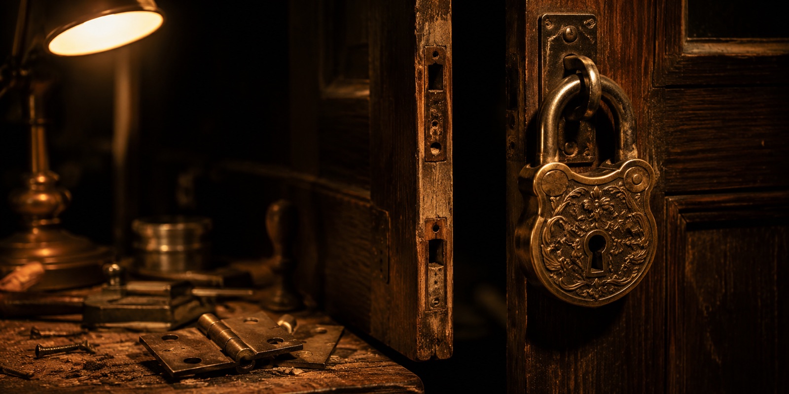 An ornate brass padlock hanging on a workshop door that stands ajar, its hinges unscrewed and lying on the bench