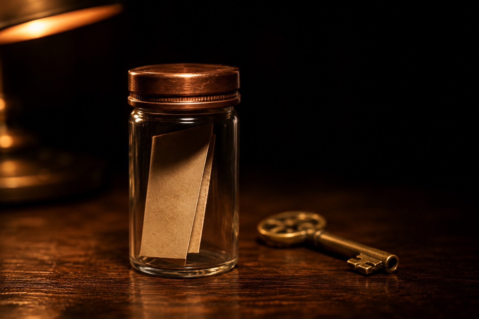 A sealed glass vial with a copper cap holding a folded paper slip, a brass key lying unlabelled beside it