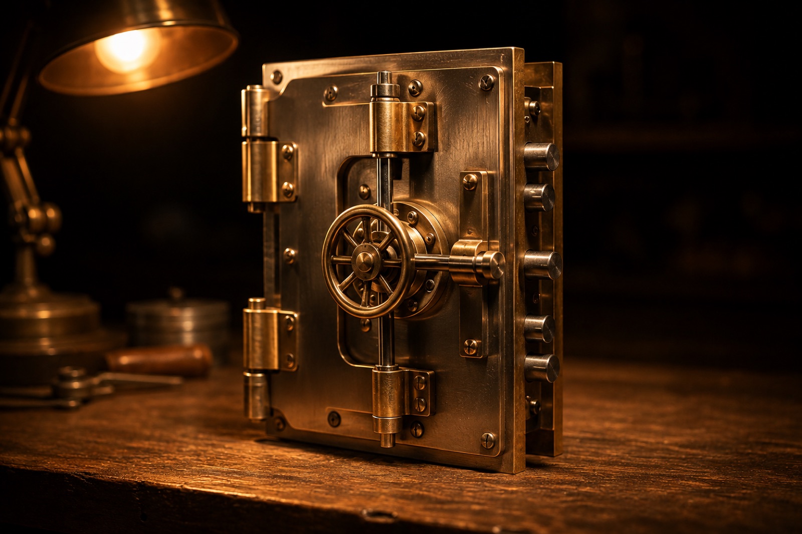A miniature brass vault door standing free on a workbench, with no wall attached to either side