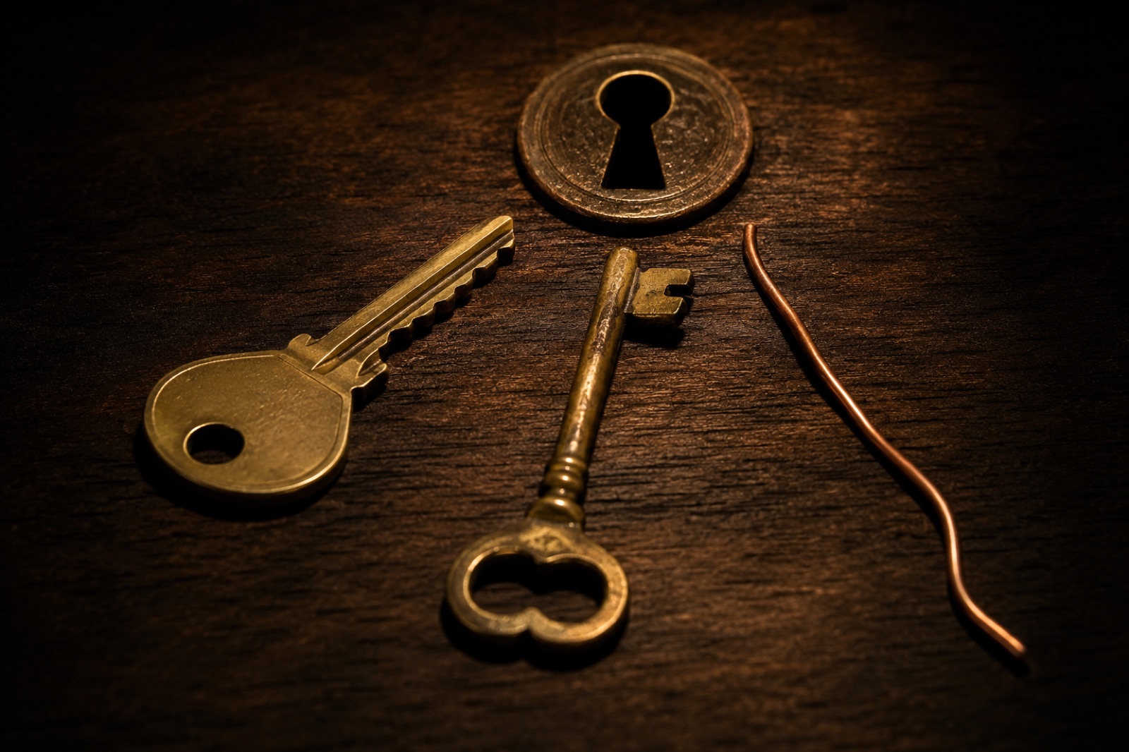 Three keys of completely different design — a cylinder key, a warded key, and a bent copper wire — all pointing at the same keyhole