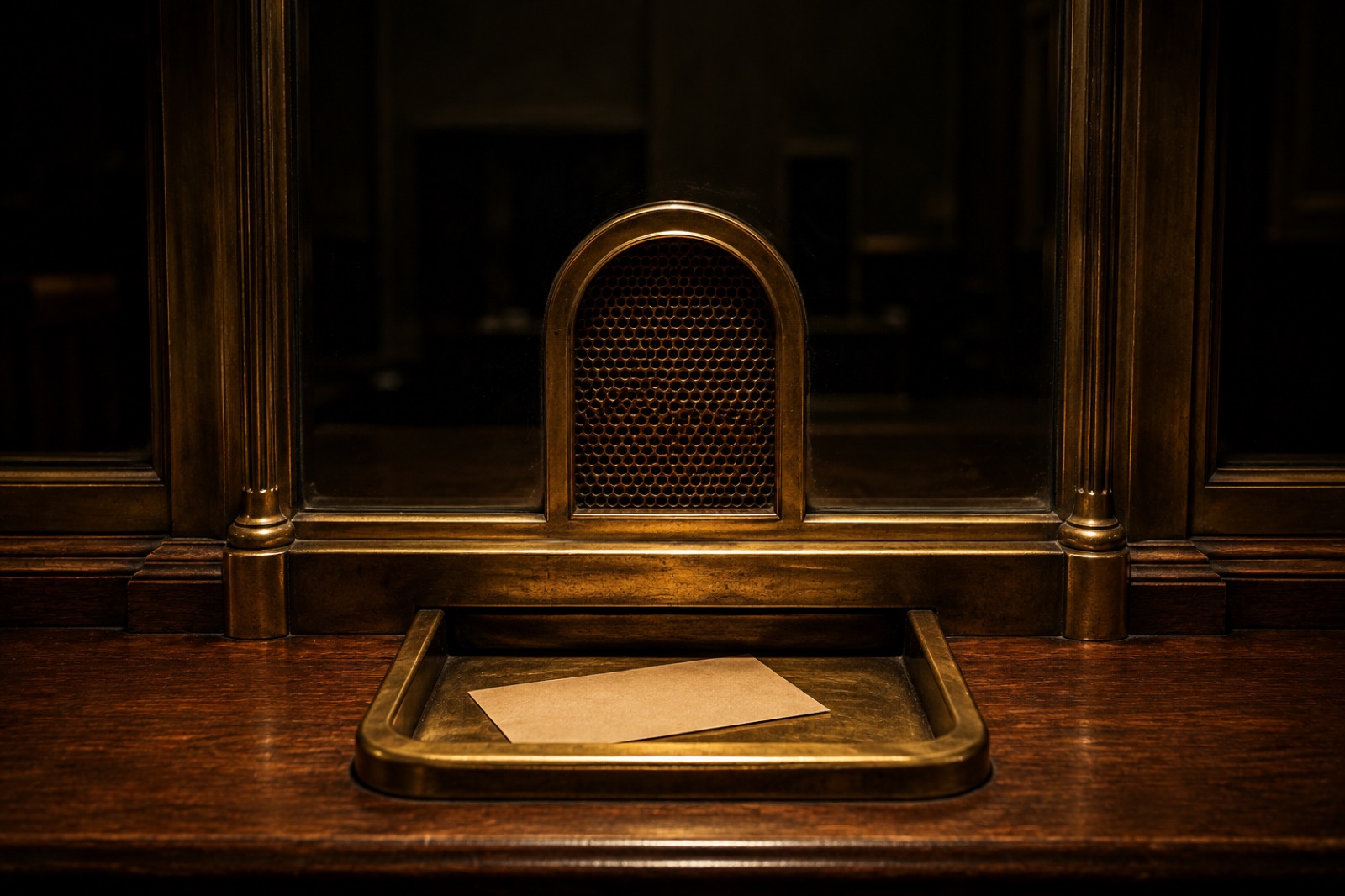 A brass and glass bank teller's window at night, a paper docket sitting in the pass-through tray