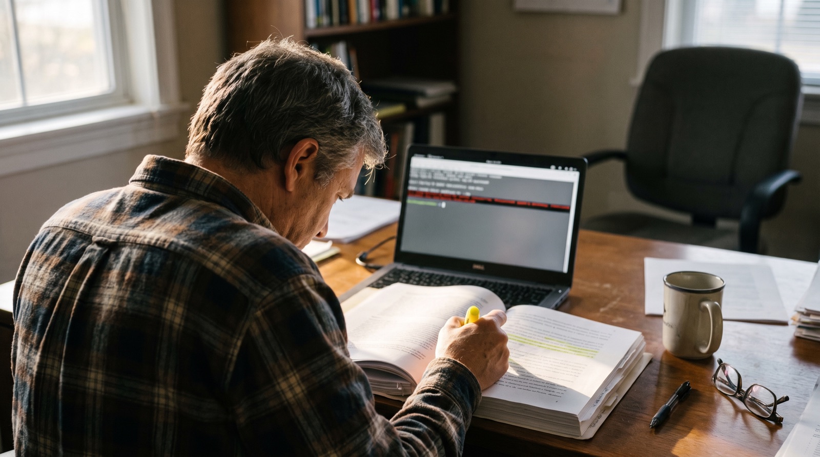 An engineer highlighting a printed set of release notes, with a laptop beside them showing a failed run in red