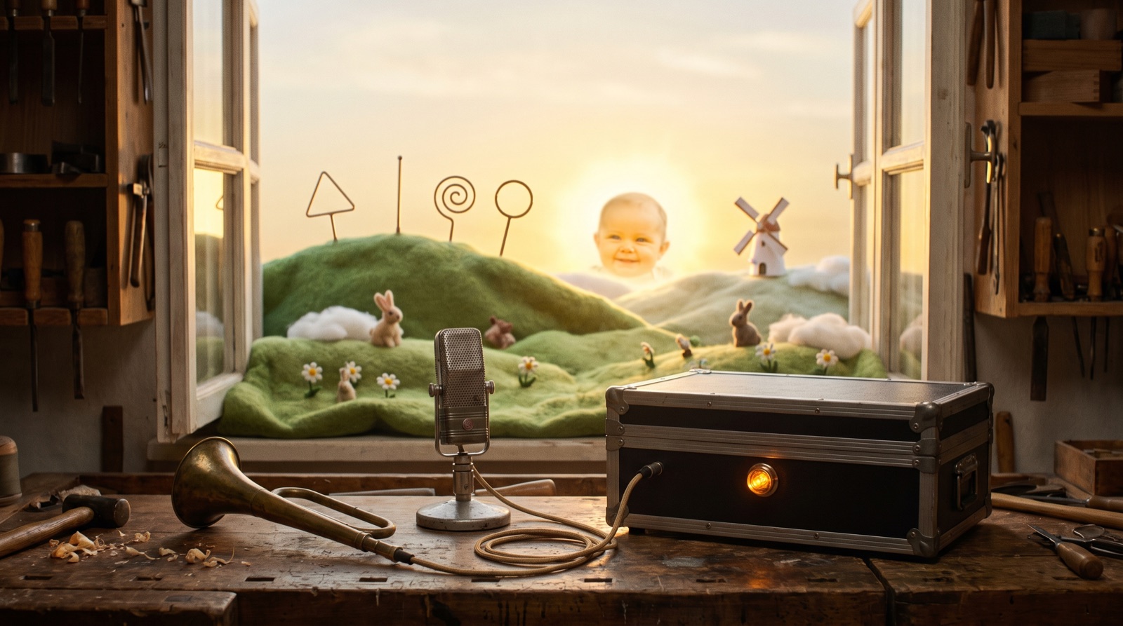 A workshop bench with a brass ear trumpet, a ribbon microphone and a sealed black flight case, the open window behind looking onto felted green hills, a windmill, a baby-faced sun, and four antennae just cresting the nearest hill