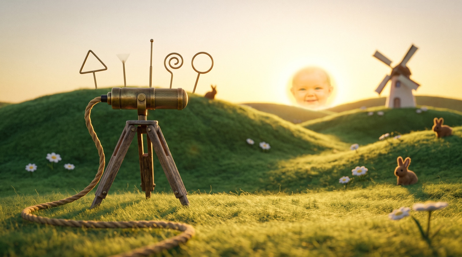 A miniature landscape of felted green hills with a windmill, rabbits and a baby-faced sun; a brass microphone stands on a tripod in the foreground with four antennae rising over the hill behind it