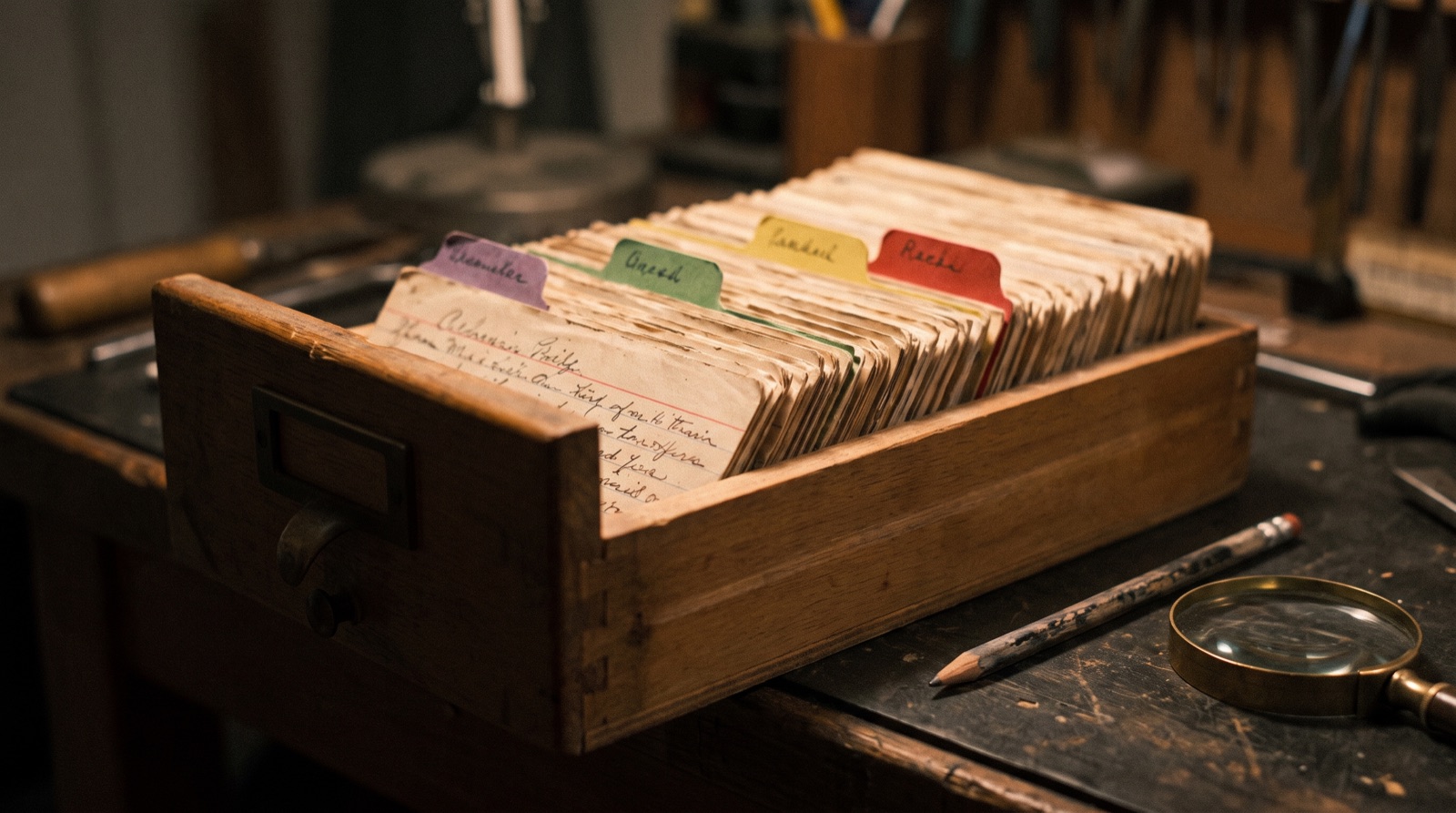 An open card-index drawer of handwritten cards on a dark workbench, four of them tabbed in purple, green, yellow and red