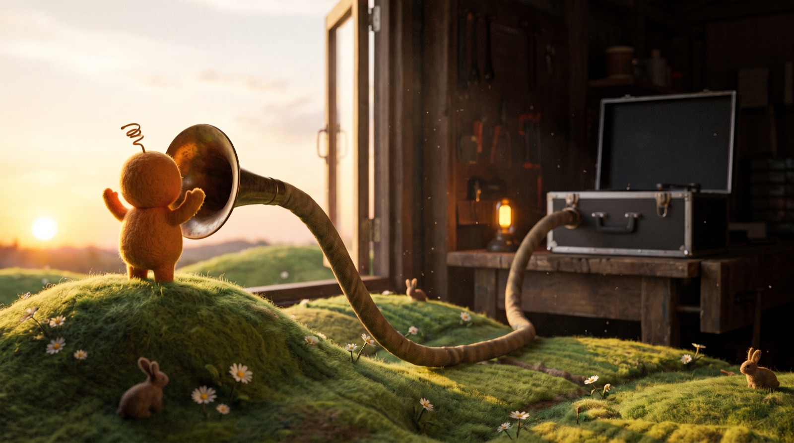 A small round felted figure with a curly antenna stands on a hill with its arms up, shouting into a brass horn whose tube runs down over the fields, in through a workshop window, and into a flight case on the bench