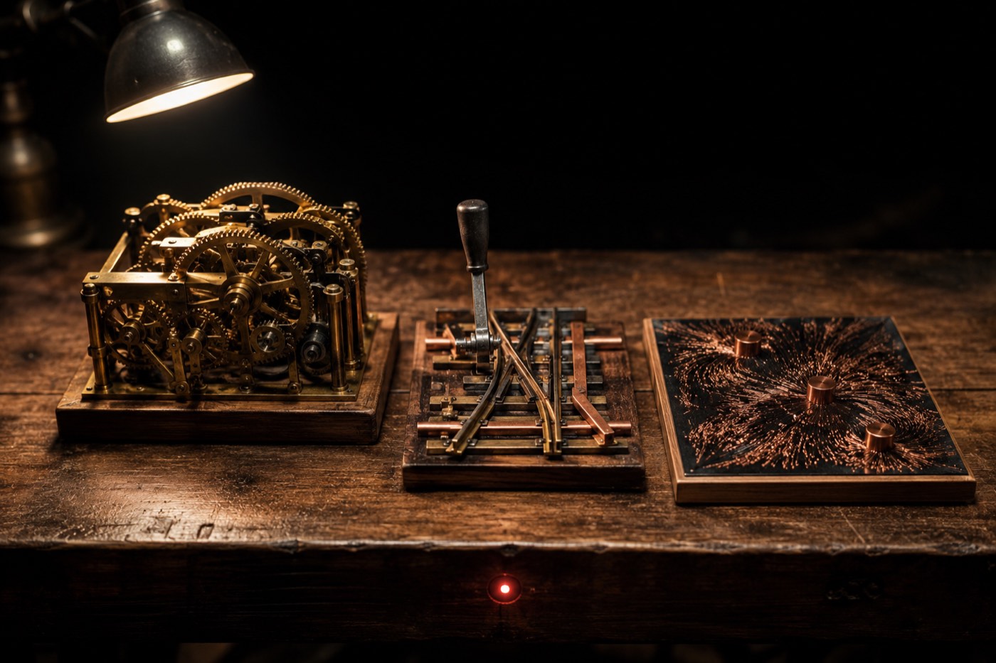 Three mechanisms on a workbench: a fixed gear train, a track-switching lever, and scattered magnetised filings