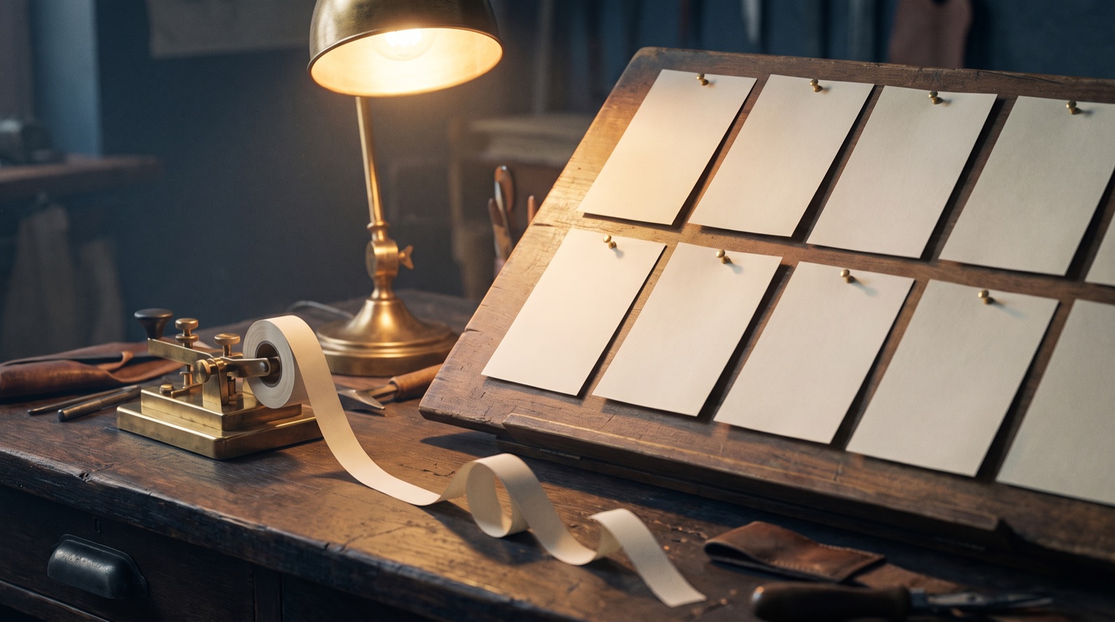 A brass telegraph key trailing a ribbon of paper tape beside a drafting board of blank cards pinned in a grid