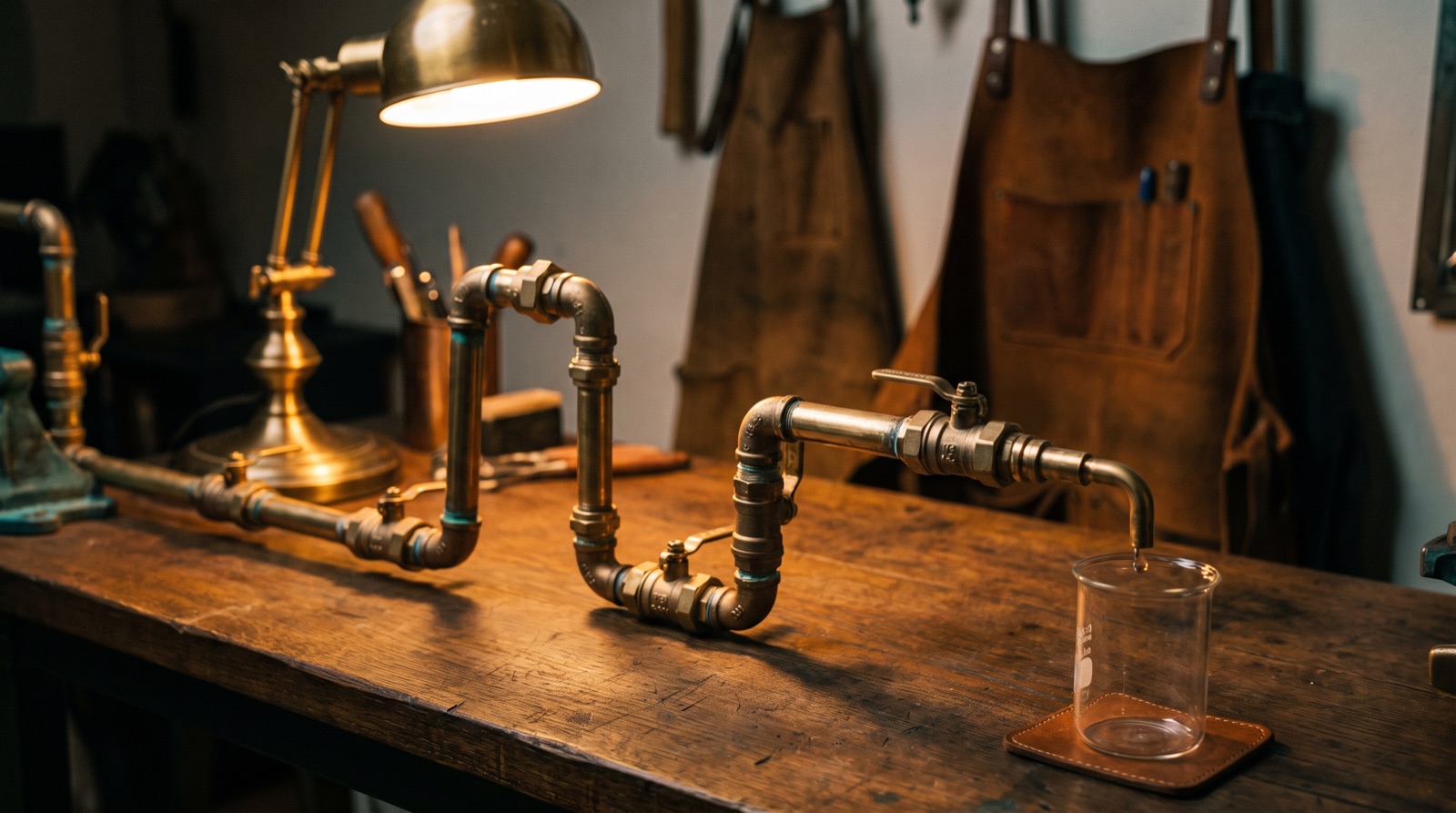 A run of brass pipes and valves joined end to end across a workbench, the last one emptying into a glass beaker