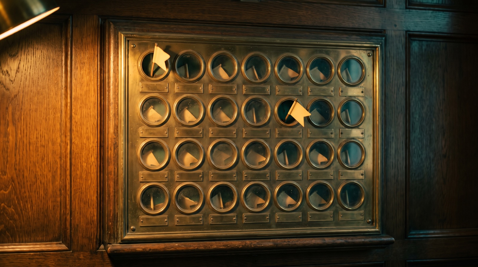 An antique annunciator board of small brass indicator windows, two flags standing raised among many dropped