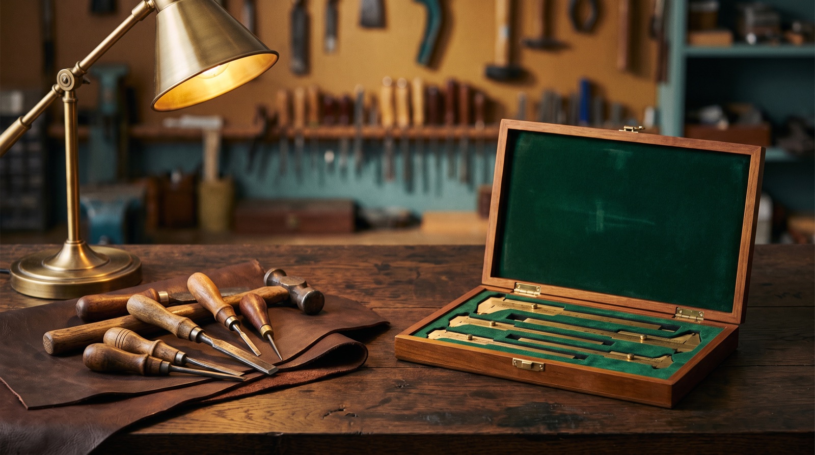 A loose pile of mismatched hand tools on a leather cloth beside a fitted case of matched brass instruments in green velvet