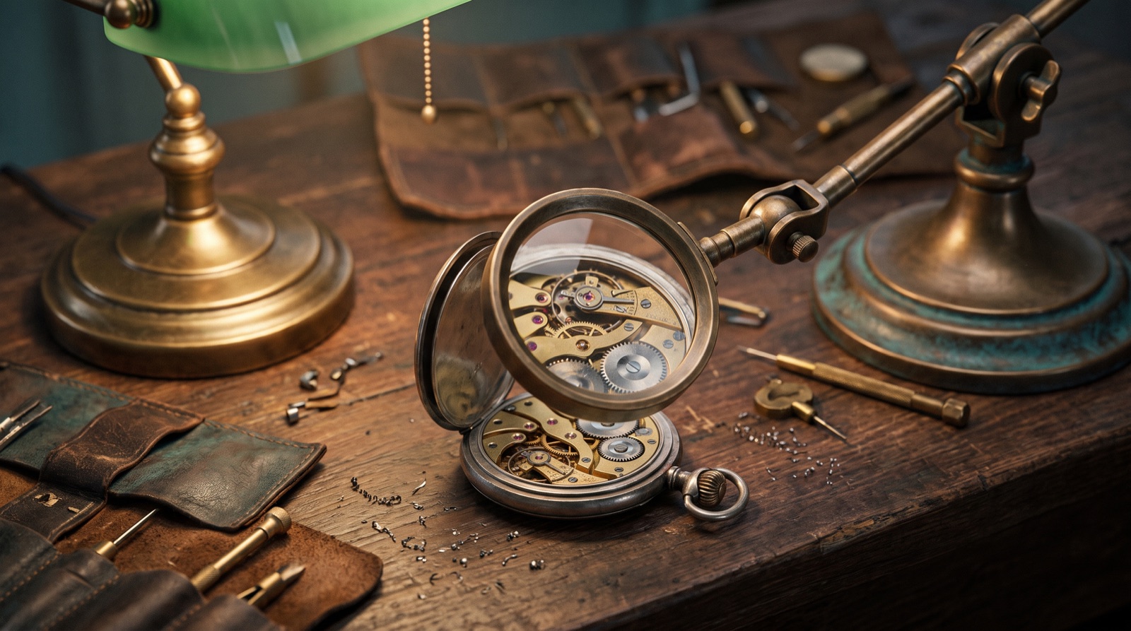 A brass jeweller's loupe on an articulated arm over an open pocket watch, the movement magnified in sharp detail