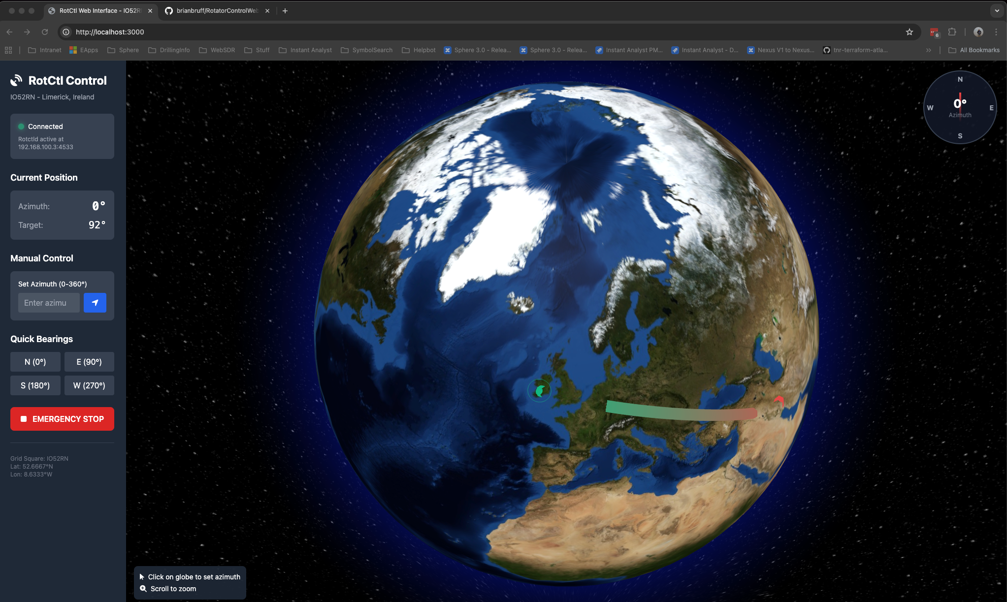 RotatorControlWeb Interface - 3D Globe Visualization for Antenna Control